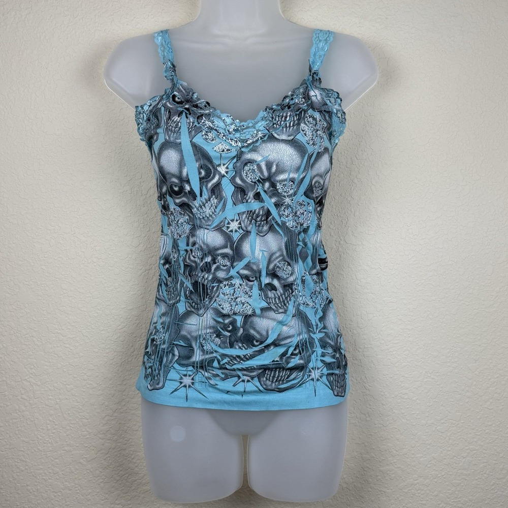 Womens Y2k Grunge Skull Print Tank W/Lace Trim Ruched Slimming AOP Biker Sz S/M?